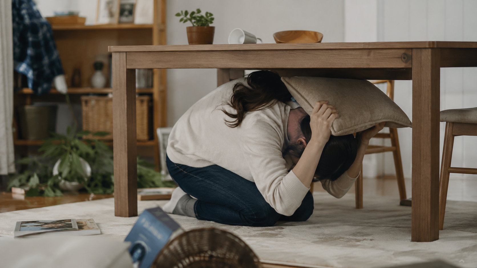 地震でテーブルの下に避難する女性